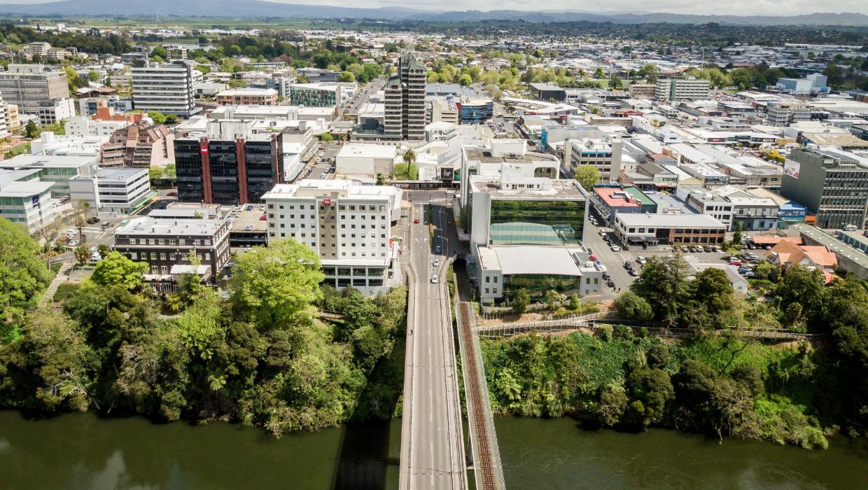 Aerial view of Hamilton city with Waikato River running through